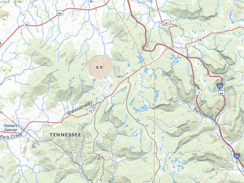 Radar-estimated hail-size map of the storm over Sewanee, TN