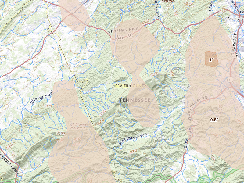 Radar-estimated hail-size map of the storm over Seymour, TN on Jul 28, 2026
