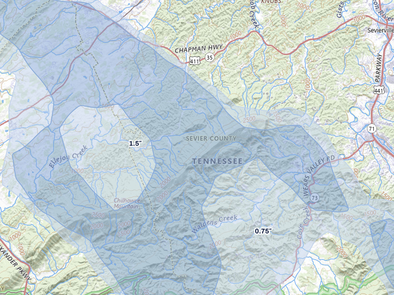 NEXRAD radar-signature map of the hail storm over Seymour, TN on Jul 28, 2026