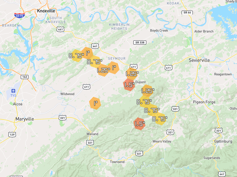 Hail map of Seymour, TN on Jul 28, 2026, hail up to 1.5"