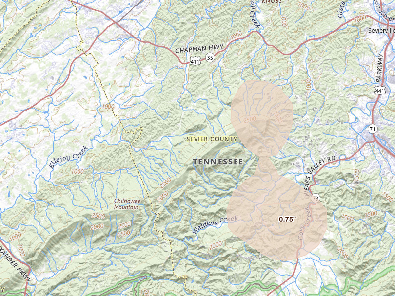 Radar-estimated hail-size map of the storm over Seymour, TN on Aug 4, 2026