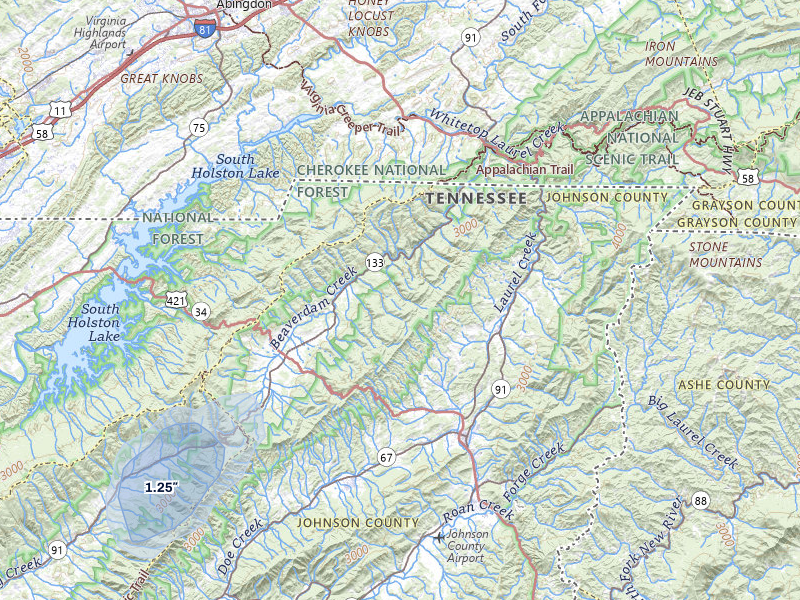 NEXRAD radar-signature map of the hail storm over Shady Valley, TN on Jul 3, 2026