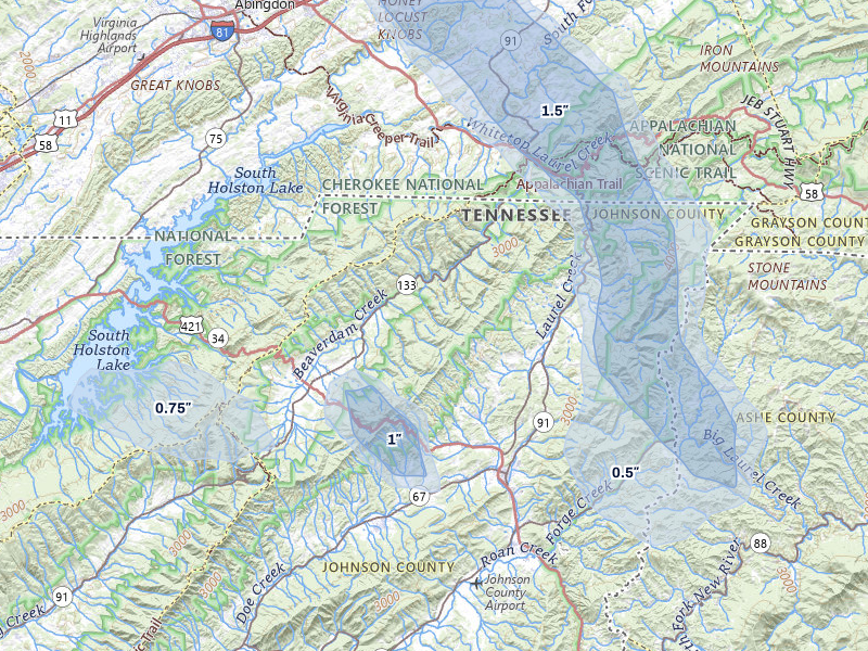 NEXRAD radar-signature map of the hail storm over Shady Valley, TN on Jul 28, 2026