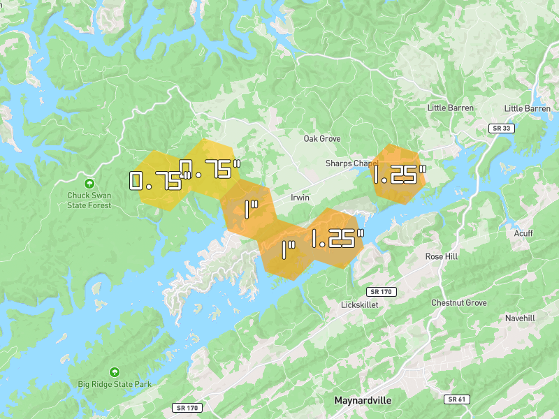 Hail map of Sharps Chapel, TN on Jul 4, 2026, hail up to 1.25"