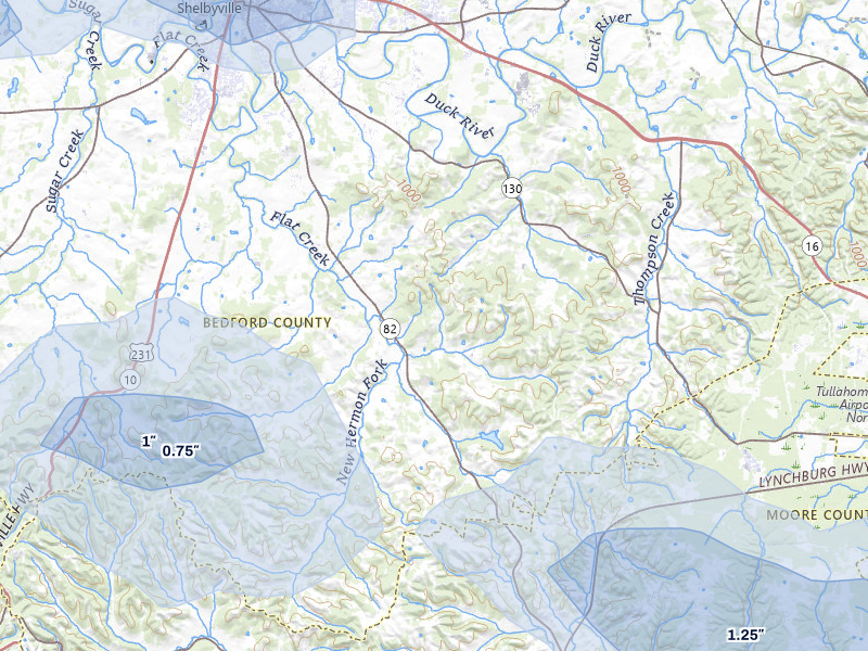 NEXRAD radar-signature map of the hail over Shelbyville, TN