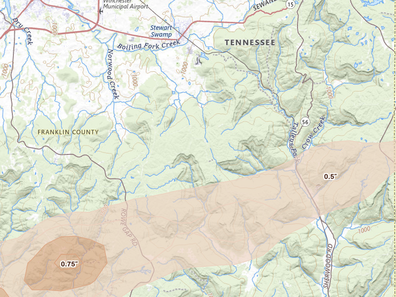 Radar-estimated hail-size map of the storm over Sherwood, TN on Feb 26, 2026
