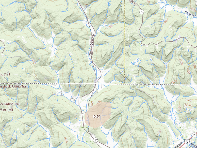 Radar-estimated hail-size map of the storm over Sherwood, TN on Jul 19, 2026