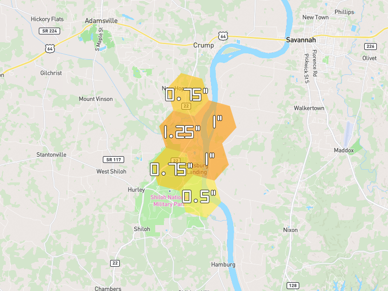 Hail map of Shiloh, TN on Jul 3, 2026, hail up to 1.25"