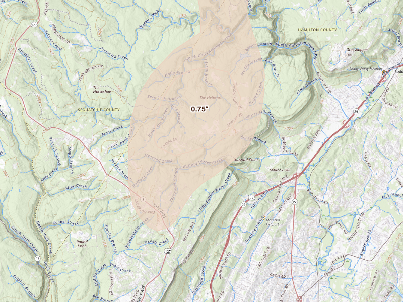 Radar-estimated hail-size map of the storm over Signal Mountain, TN