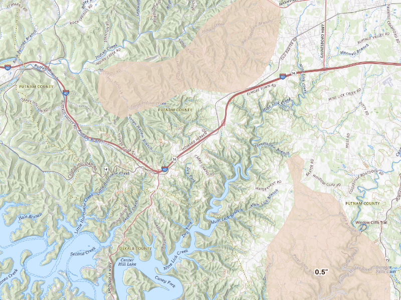 Radar-estimated hail-size map of the storm over Silver Point, TN