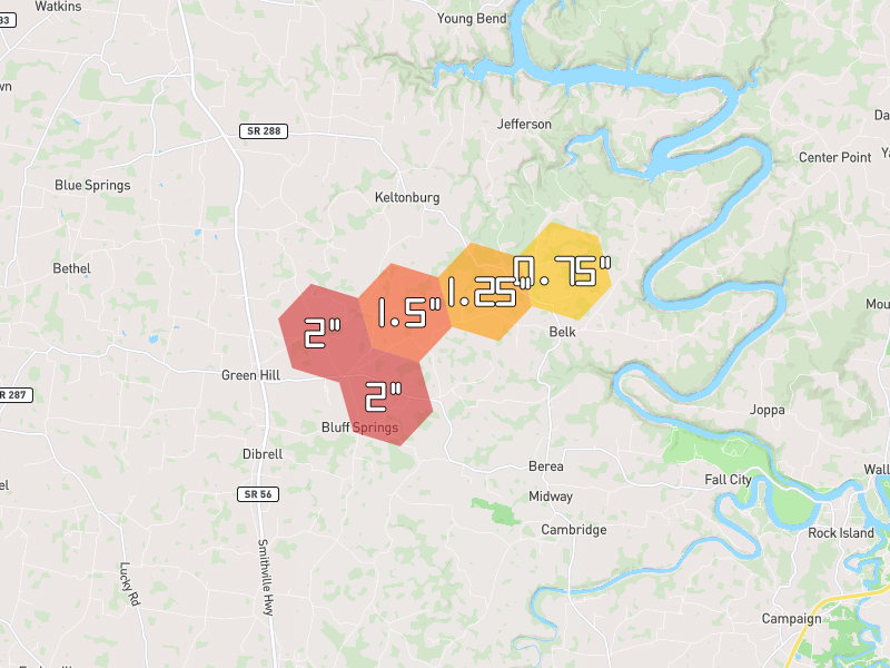 Hail map of Smithville, TN on Jul 11, 2026, hail up to 2"