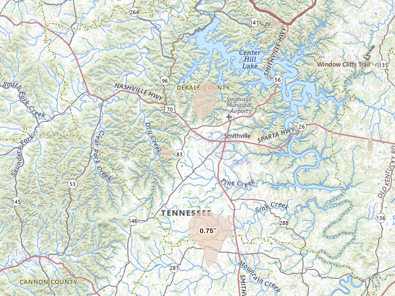Radar-estimated hail-size map of the storm over Smithville, TN on Aug 7, 2026