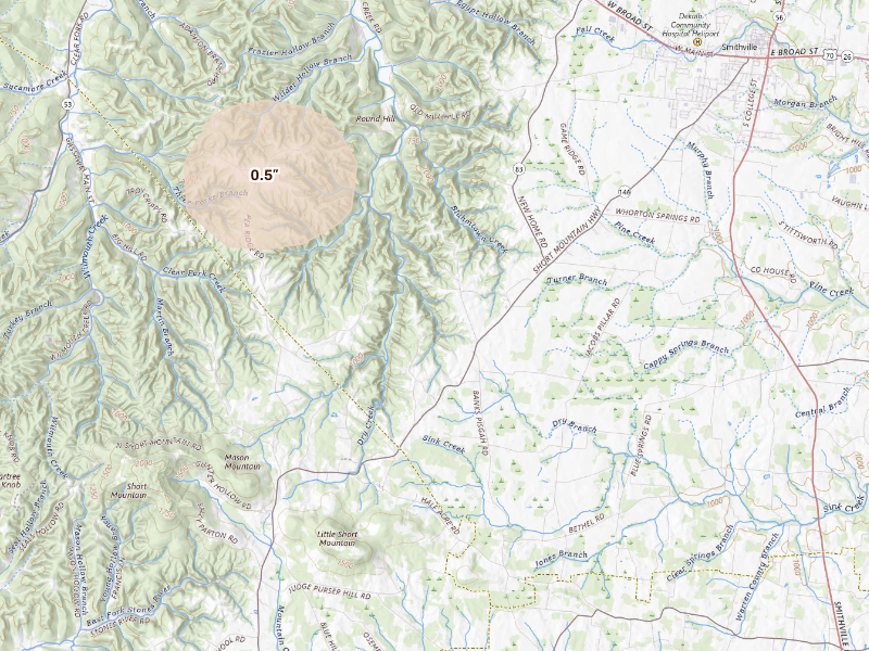 Radar-estimated hail-size map of the storm over Smithville, TN