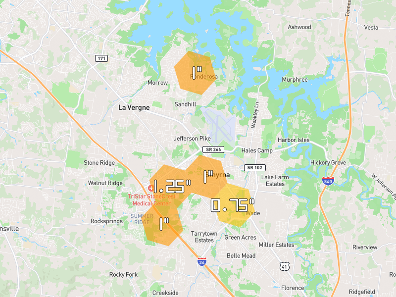 Hail map of Smyrna, TN on Jun 9, 2026, hail up to 1.25"