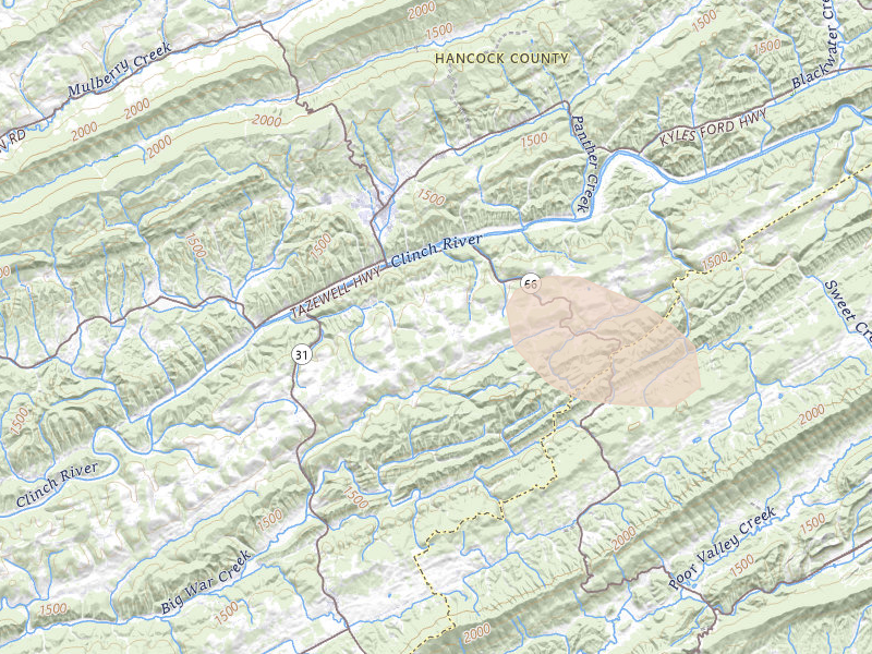Radar-estimated hail-size map of the storm over Sneedville, TN on Aug 11, 2026