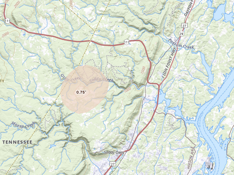 Radar-estimated hail-size map of the storm over Soddy Daisy, TN on Jul 5, 2026