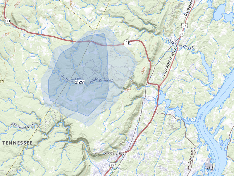 NEXRAD radar-signature map of the hail storm over Soddy Daisy, TN on Jul 5, 2026