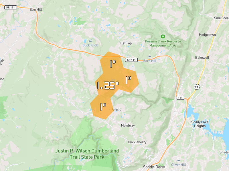 Hail map of Soddy Daisy, TN on Jul 5, 2026, hail up to 1.25"