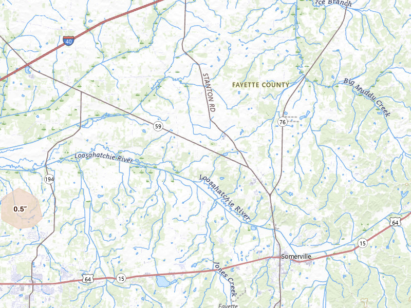 Radar-estimated hail-size map of the storm over Somerville, TN on Jul 11, 2026
