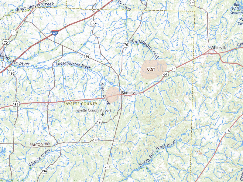 Radar-estimated hail-size map of the storm over Somerville, TN on Aug 8, 2026