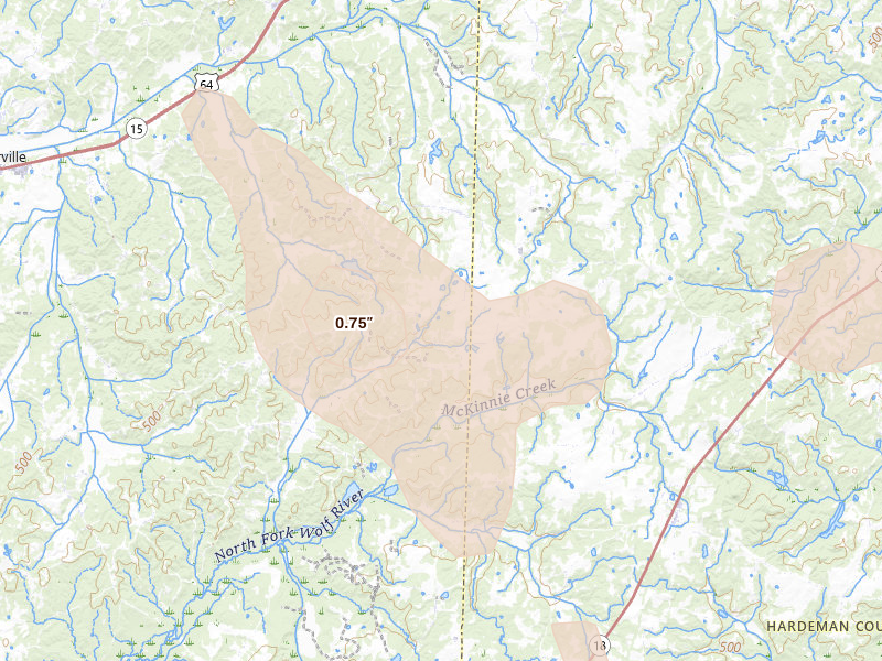 Radar-estimated hail-size map of the storm over Somerville, TN on Aug 22, 2026