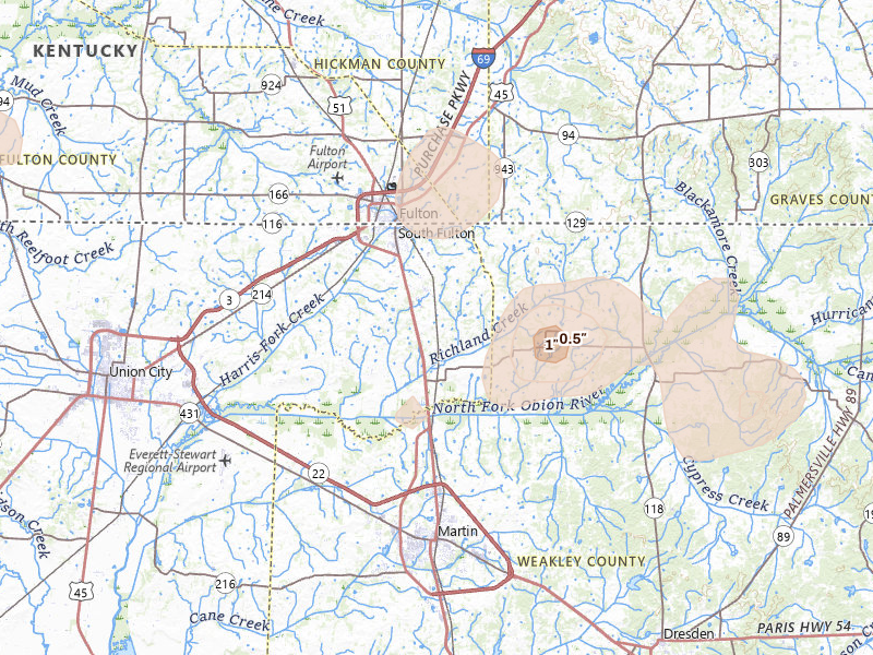 Radar-estimated hail-size map of the storm over South Fulton, TN