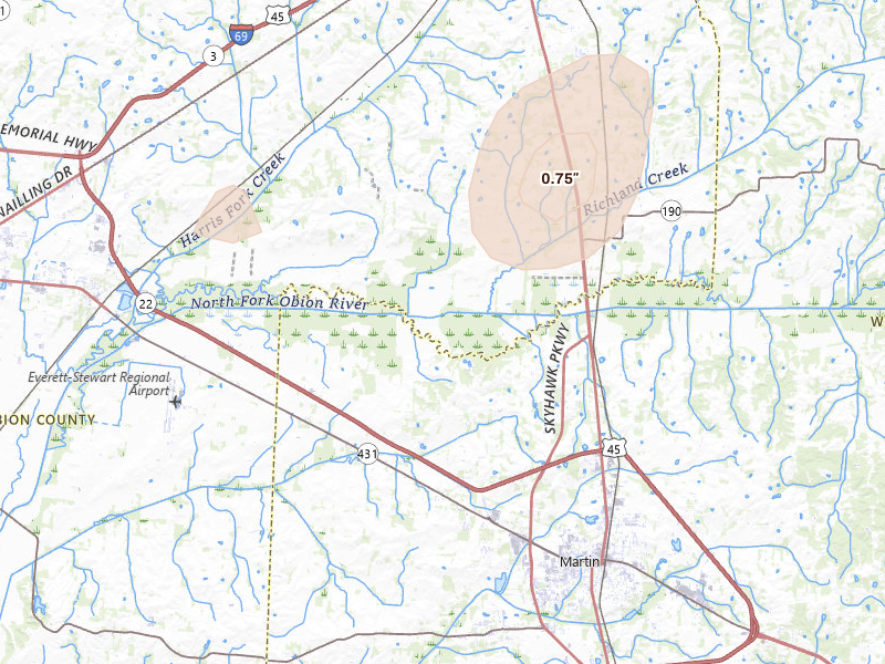 Radar-estimated hail-size map of the storm over South Fulton, TN on Jul 9, 2026
