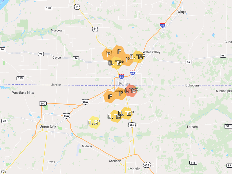 Hail map of South Fulton, TN on Jul 10, 2026, hail up to 1.75"