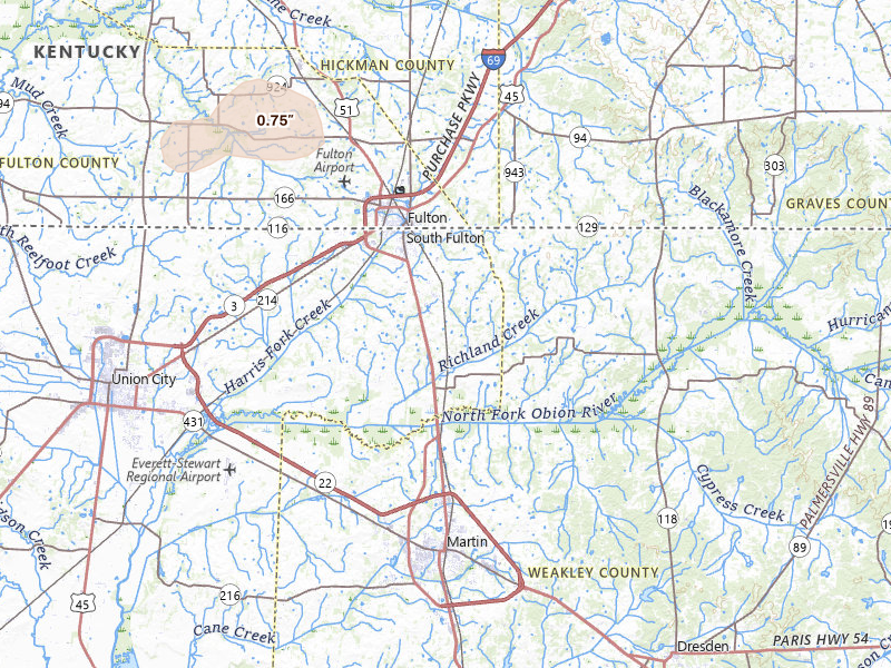 Radar-estimated hail-size map of the storm over South Fulton, TN on Jul 18, 2026