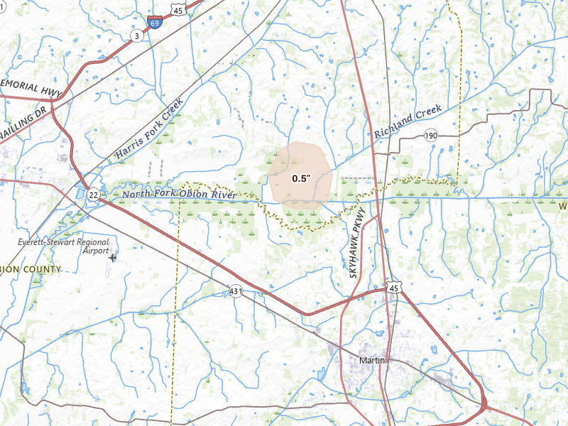 Radar-estimated hail-size map of the storm over South Fulton, TN on Aug 7, 2026