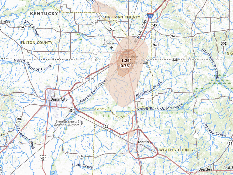Radar-estimated hail-size map of the storm over South Fulton, TN on Aug 8, 2026