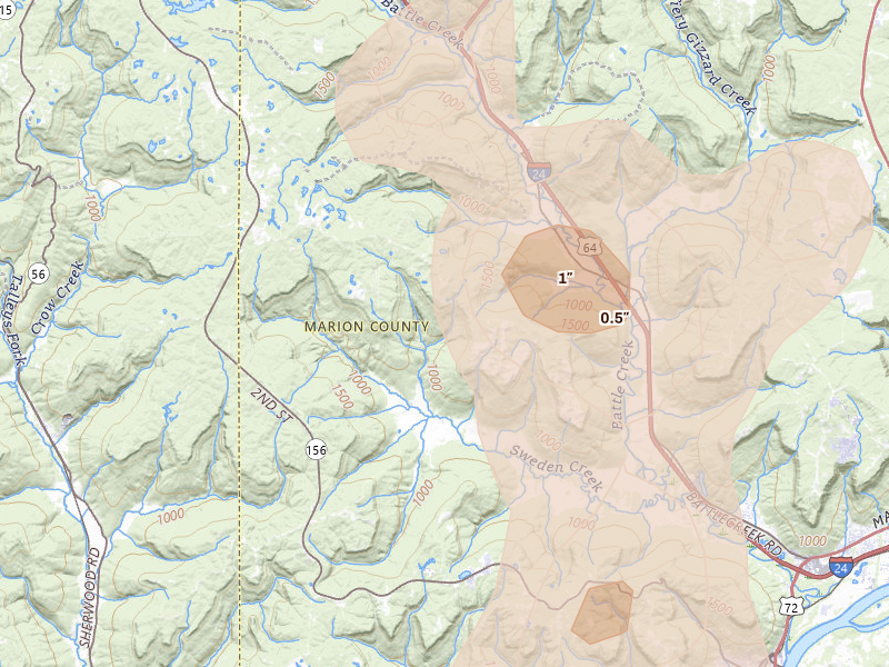 Radar-estimated hail-size map of the storm over South Pittsburg, TN on Jul 3, 2026