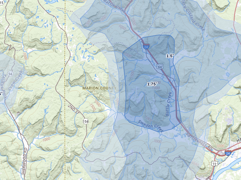 NEXRAD radar-signature map of the hail storm over South Pittsburg, TN on Jul 3, 2026