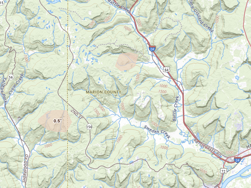 Radar-estimated hail-size map of the storm over South Pittsburg, TN on Aug 6, 2026