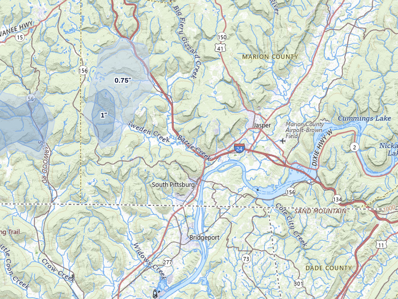 NEXRAD radar-signature map of the hail storm over South Pittsburg, TN on Aug 6, 2026