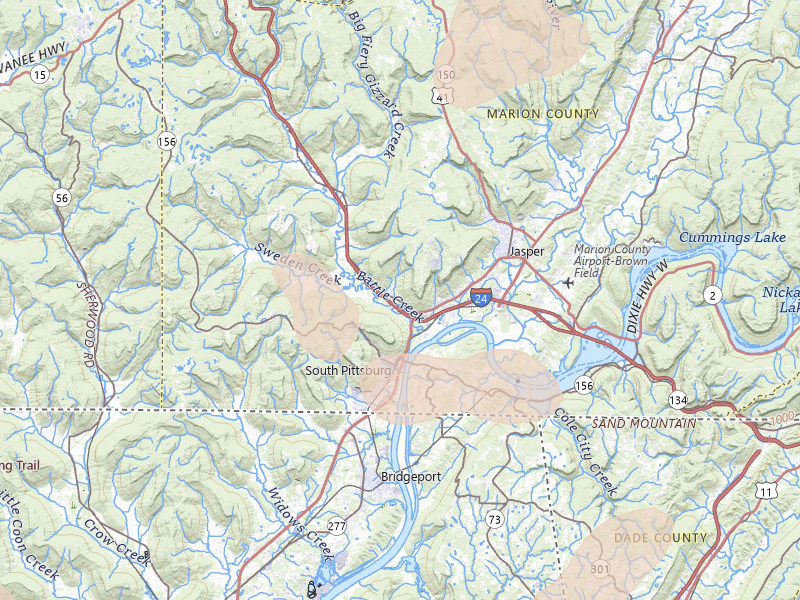 Radar-estimated hail-size map of the storm over South Pittsburg, TN on Aug 20, 2026