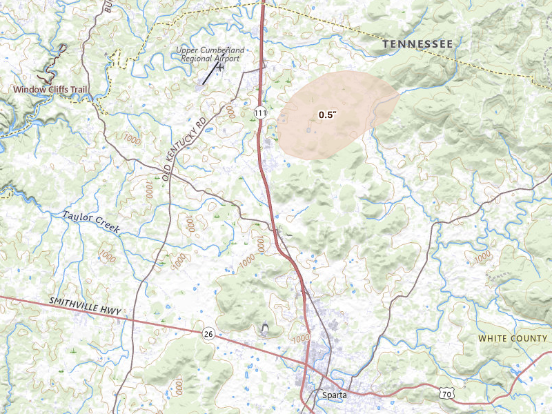 Radar-estimated hail-size map of the storm over Sparta, TN on May 20, 2026