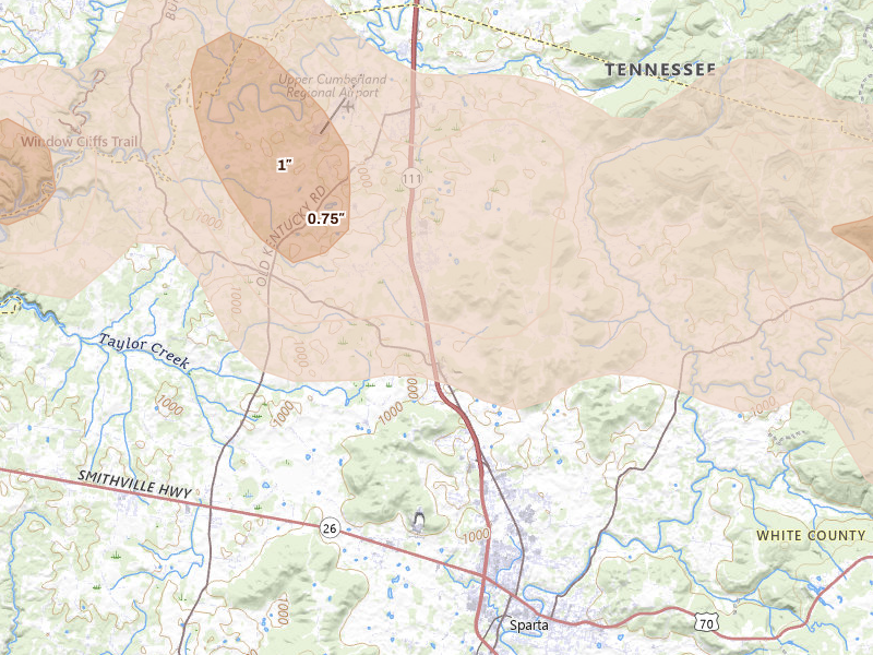 Radar-estimated hail-size map of the storm over Sparta, TN on Jul 3, 2026