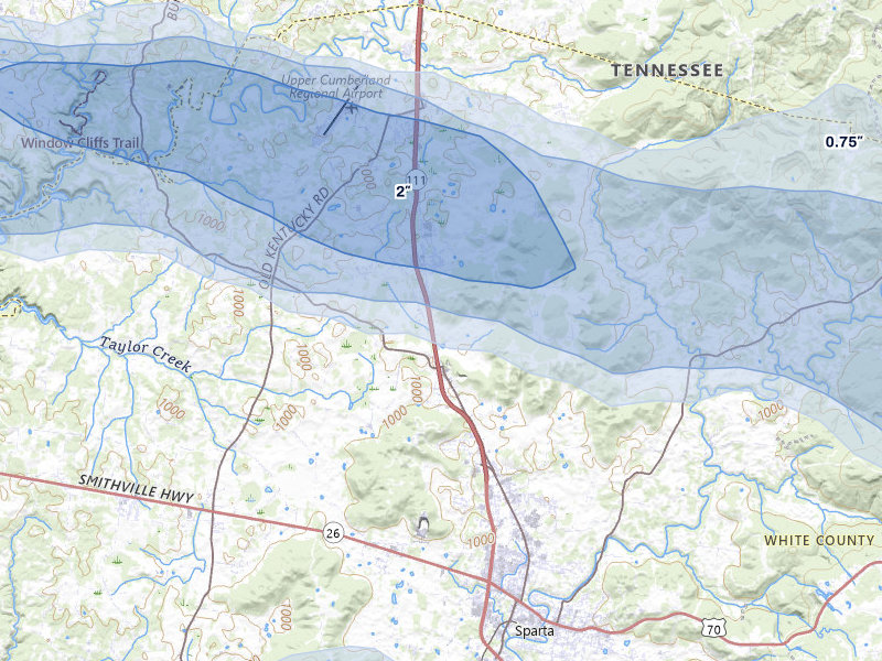 NEXRAD radar-signature map of the hail storm over Sparta, TN on Jul 3, 2026