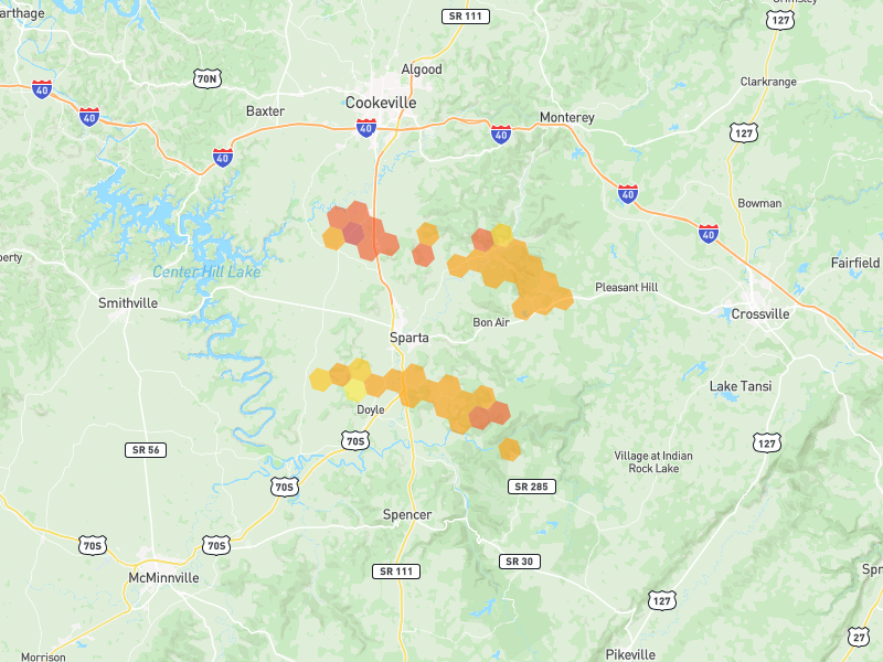Hail map of Sparta, TN on Jul 3, 2026, hail up to 2"