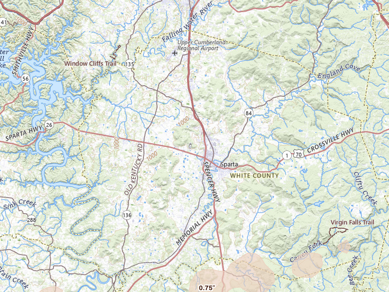 Radar-estimated hail-size map of the storm over Sparta, TN on Jul 5, 2026