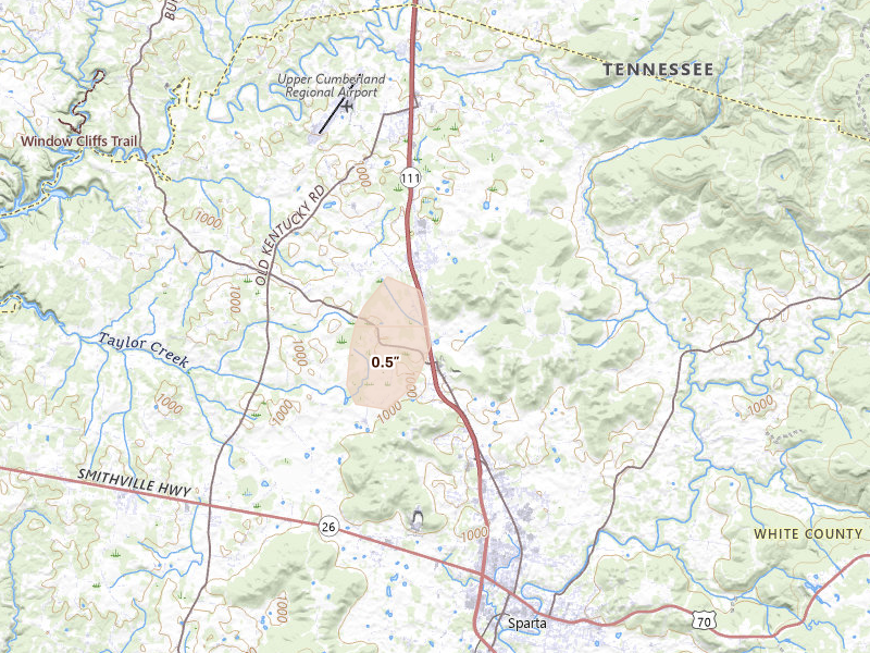 Radar-estimated hail-size map of the storm over Sparta, TN on Jul 17, 2026