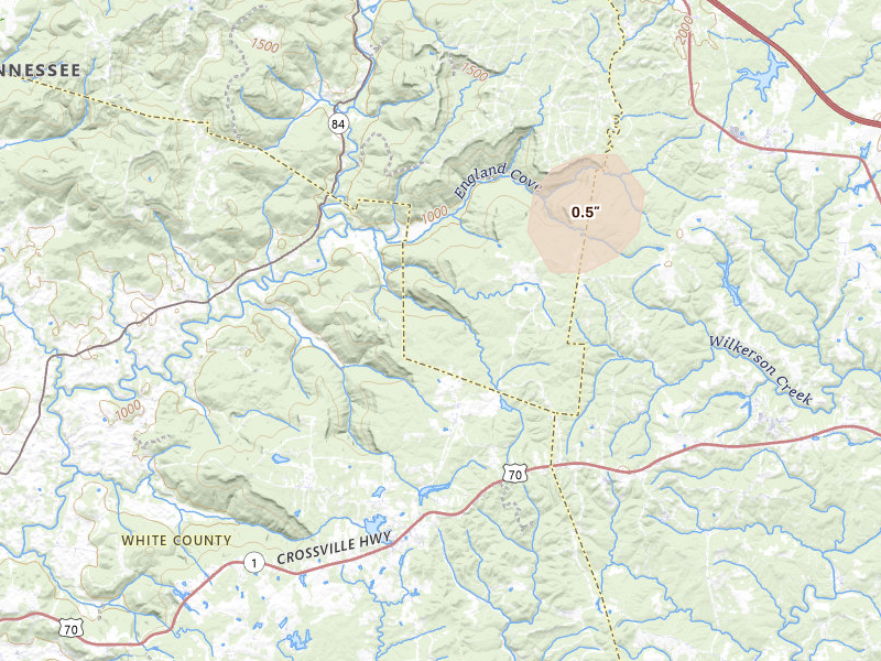 Radar-estimated hail-size map of the storm over Sparta, TN on Aug 6, 2026