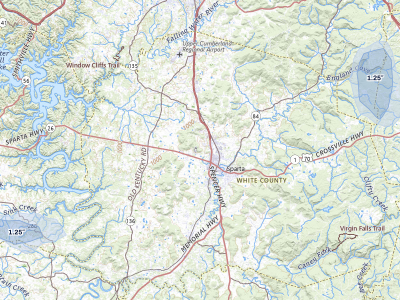 NEXRAD radar-signature map of the hail storm over Sparta, TN on Aug 6, 2026