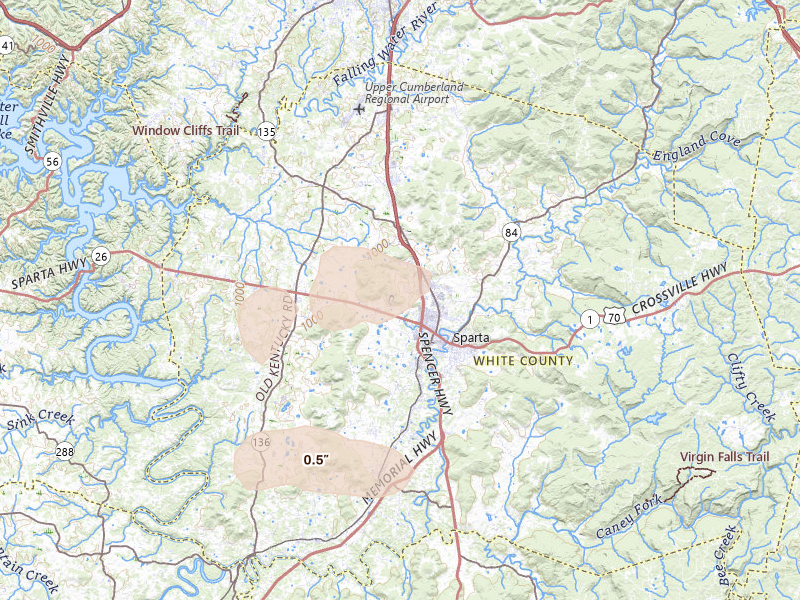 Radar-estimated hail-size map of the storm over Sparta, TN on Aug 17, 2026