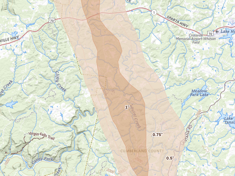 Radar-estimated hail-size map of the storm over Sparta, TN on Aug 22, 2026