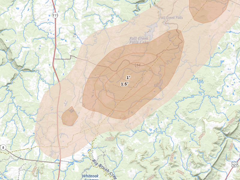 Radar-estimated hail-size map of the storm over Spencer, TN on Jul 3, 2026