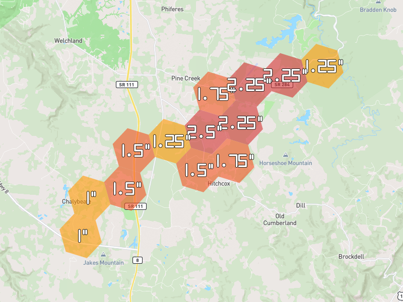 Hail map of Spencer, TN on Jul 3, 2026, hail up to 2.5"
