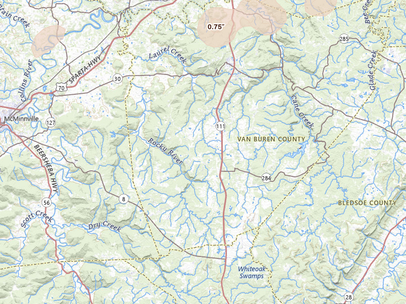 Radar-estimated hail-size map of the storm over Spencer, TN on Jul 5, 2026