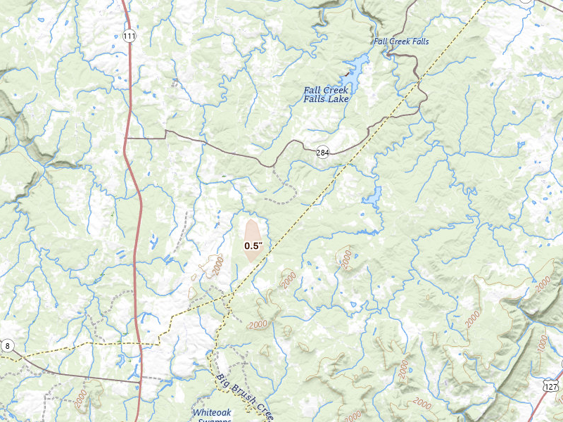 Radar-estimated hail-size map of the storm over Spencer, TN on Jul 17, 2026